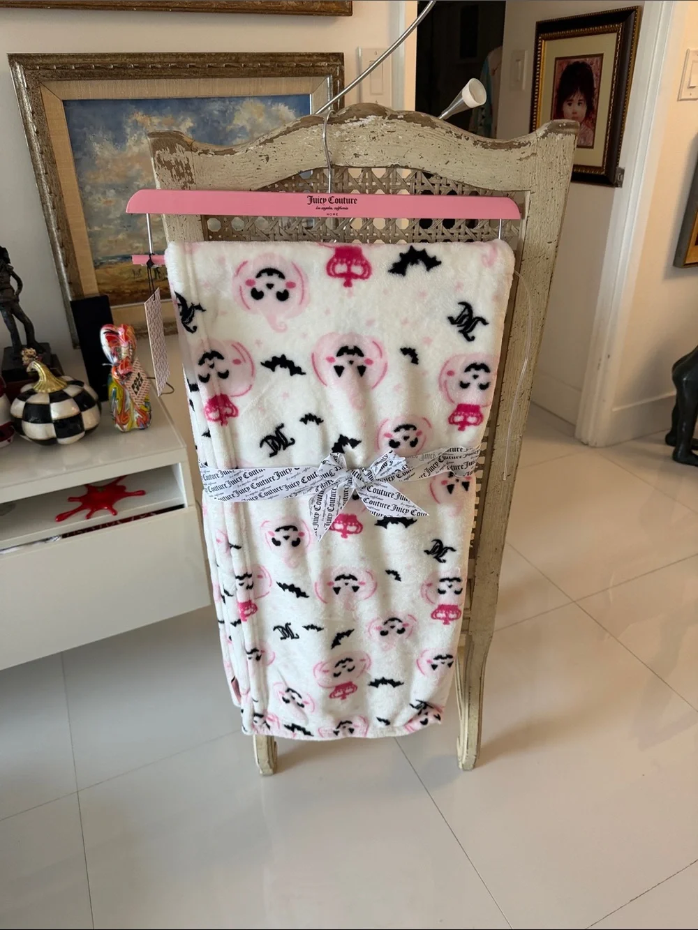 Juicy Couture Halloween  White Plush Throw with Pink Pumpkin & Black Bat Motifs